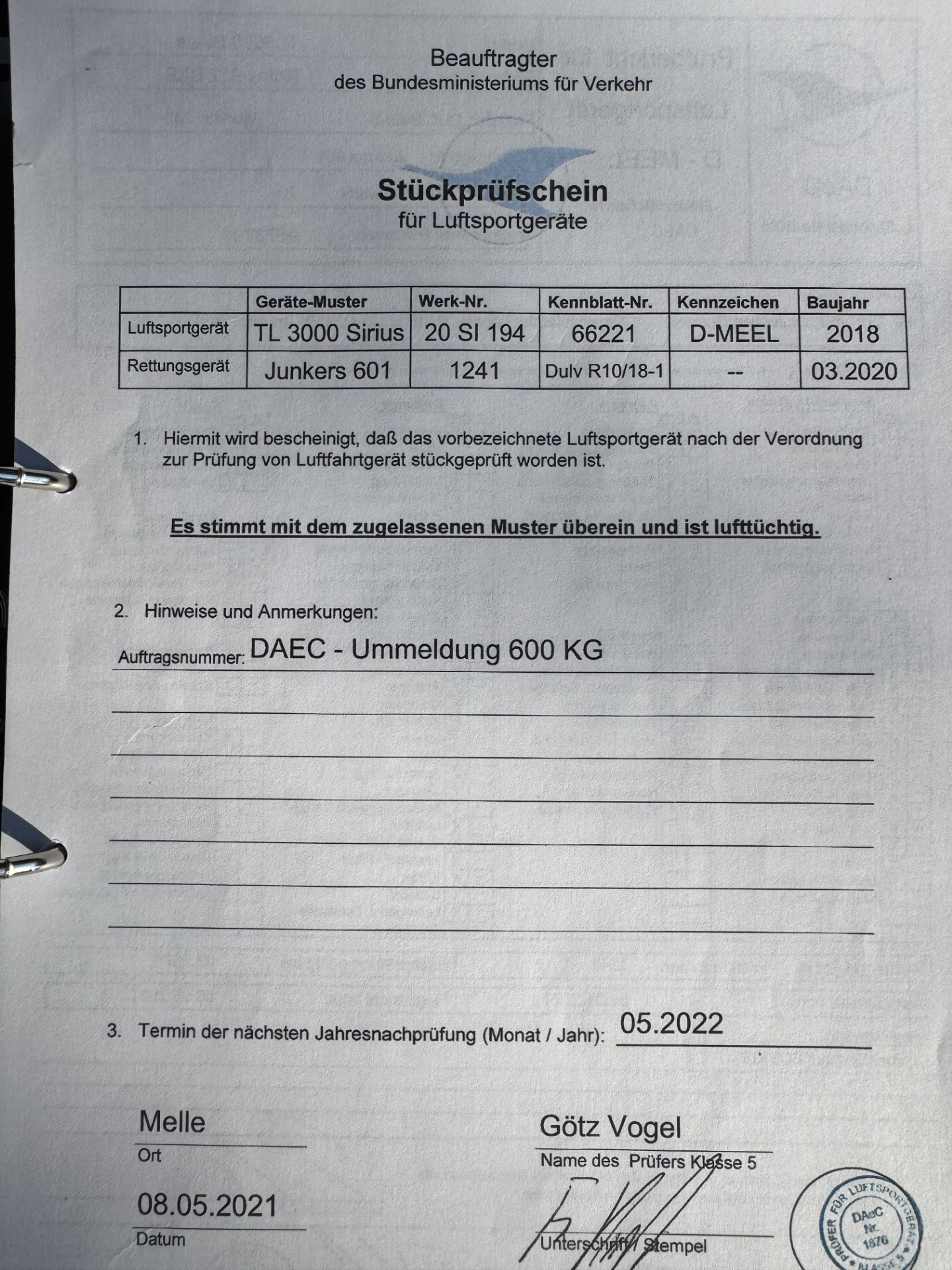 Sirius TL 3000 – 600 kg | Baujahr 2020 | Garmin G3X Touch | Autopilot | Nur 60 Flugstunden